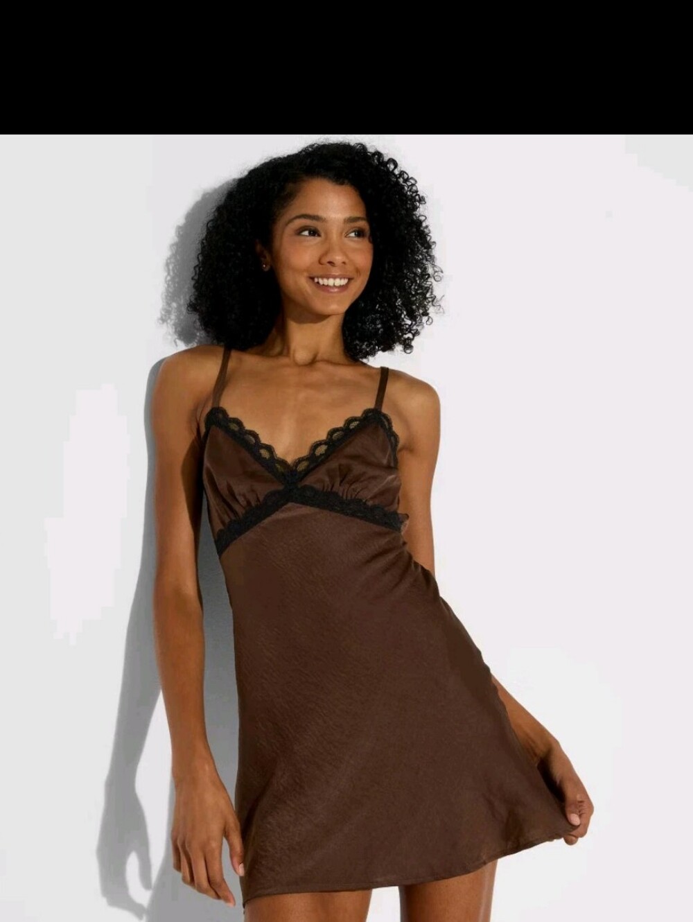 Wild-fable Women's Brown and Black Sleeveless Lace Trim Mini Slip Dress M NWT